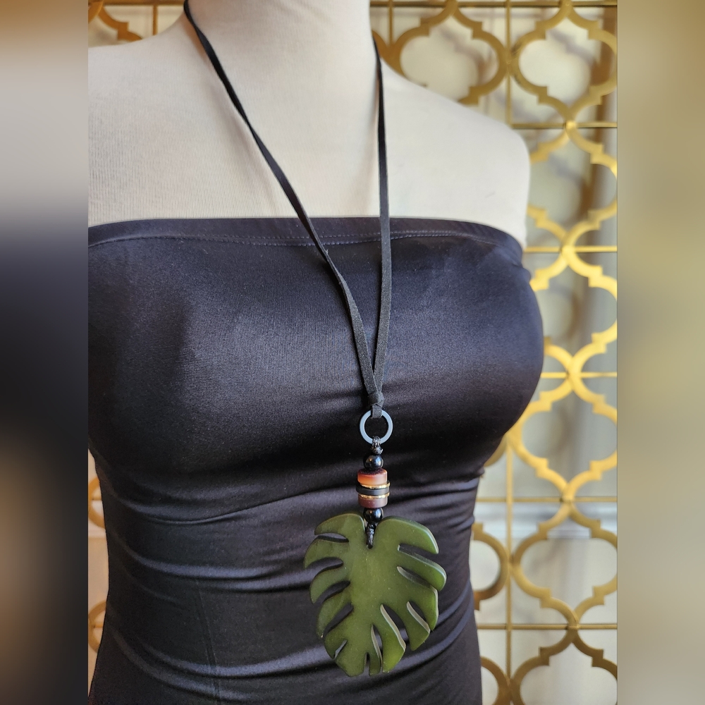 🪴Monstera Leaf Pendant Necklace on Black Cord🪴